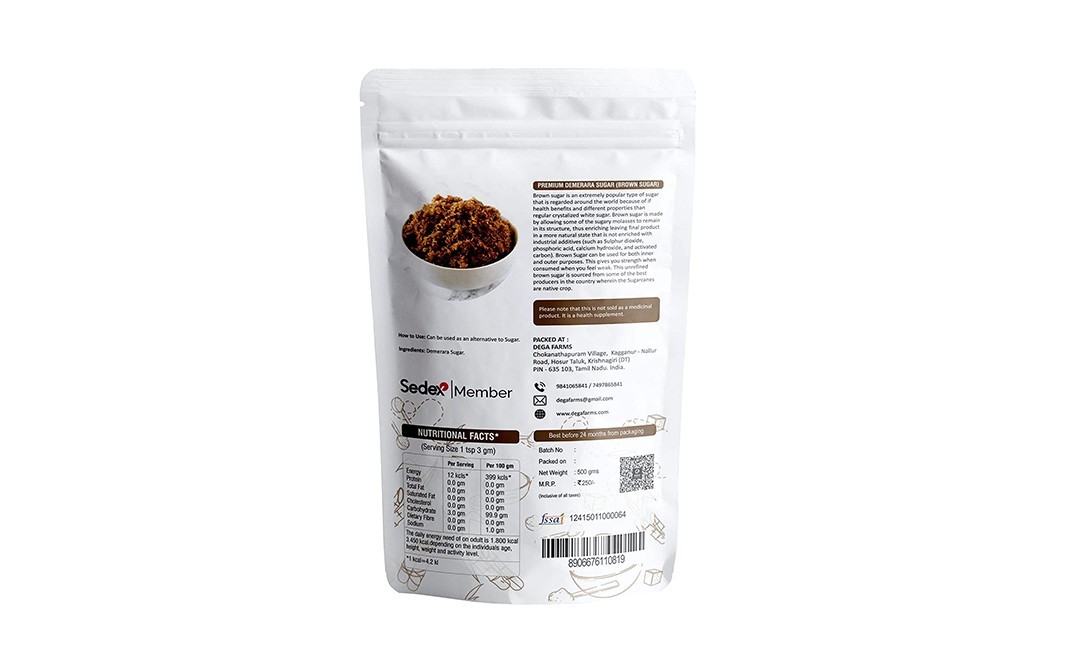 Dega Farms Demerara Brown Sugar Premium   Pack  500 grams